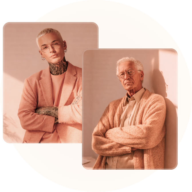 Two SuperAnnotate team members – one younger colleague and one senior colleague – in warm-toned portrait photos
