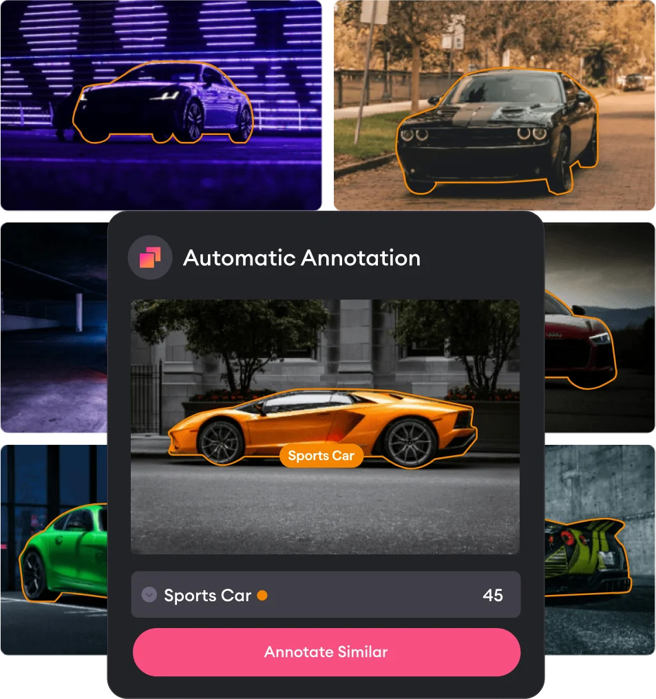 Automatic Annotation panel with one Sports Car instance selected and similar cars outlined across the dataset