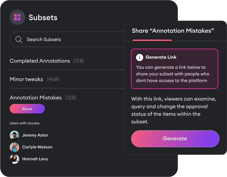 Subsets list with the Annotation Mistakes subset being shared through a generated link